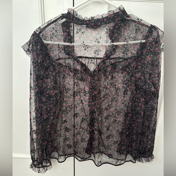 Zara Sheer Floral Black Blouse with Ruffles Size Medium Womens - Picture 9 of 16